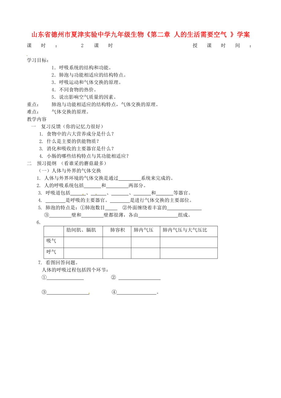 山東省德州市夏津?qū)嶒?yàn)中學(xué)九年級(jí)生物《第二章 人的生活需要空氣 》學(xué)案（無(wú)答案）_第1頁(yè)