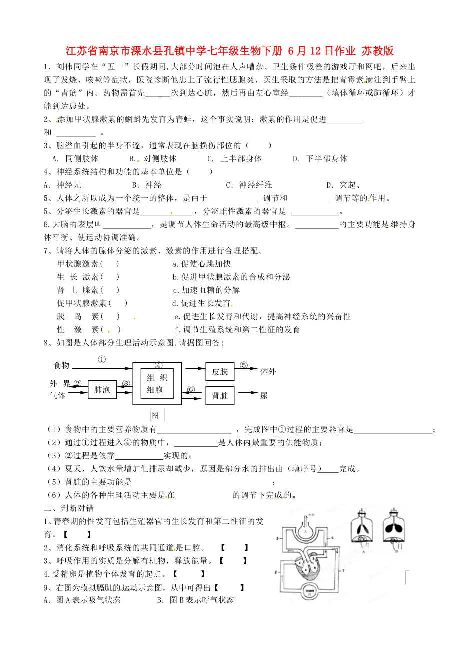 江蘇省南京市溧水縣孔鎮(zhèn)中學七年級生物下冊 6月12日作業(yè)（無答案） 蘇教版（通用）_第1頁