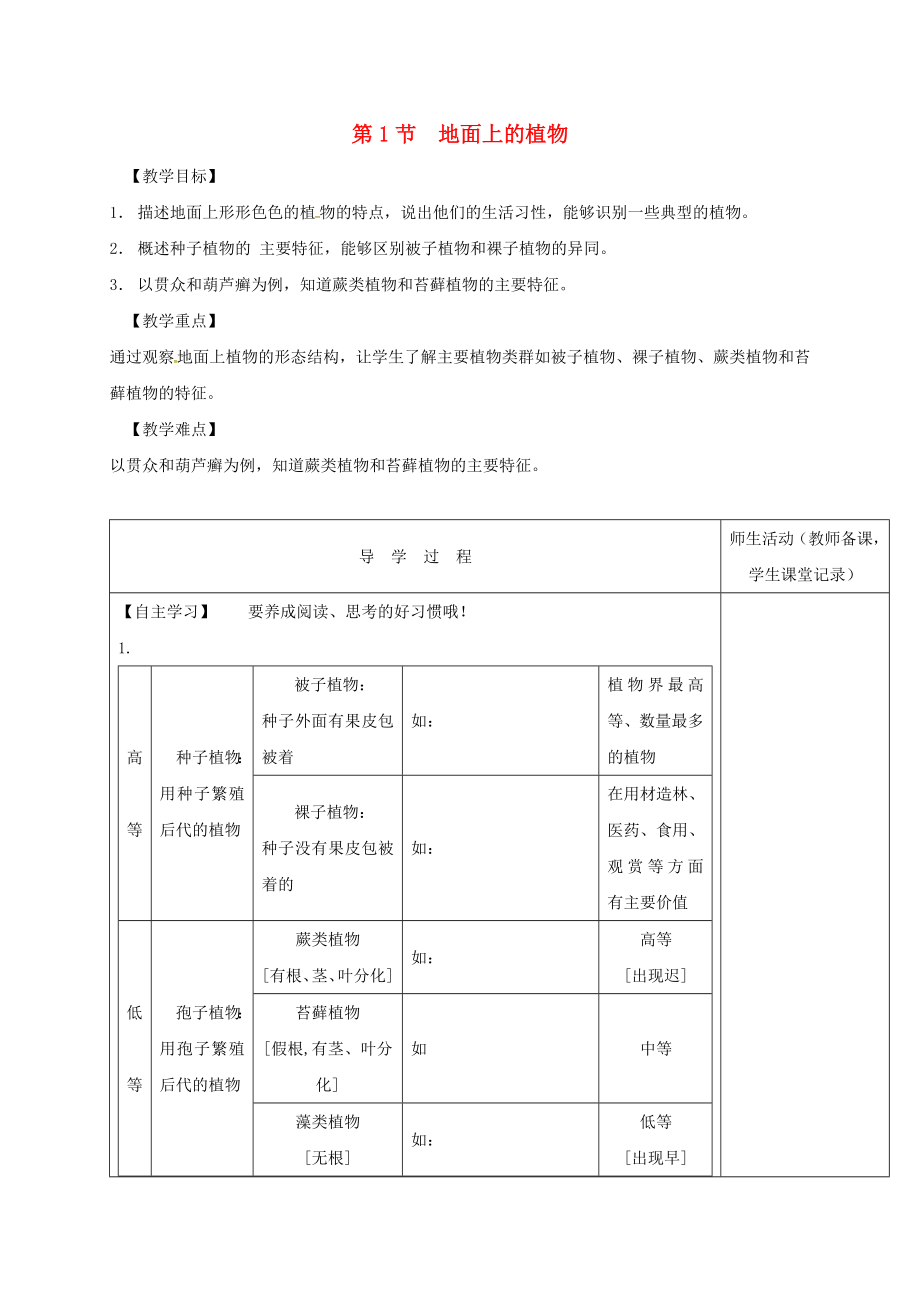 江蘇省淮安市七年級生物下冊 第11章 第1節(jié) 地面上的植物教學(xué)案（無答案）（新版）蘇科版（通用）_第1頁