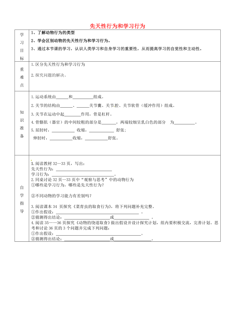 內蒙古阿魯科爾沁旗天山第六中學八年級生物上冊 第五單元 第二章 第二節(jié) 先天性行為和學習行為導學案（無答案）（新版）新人教版_第1頁