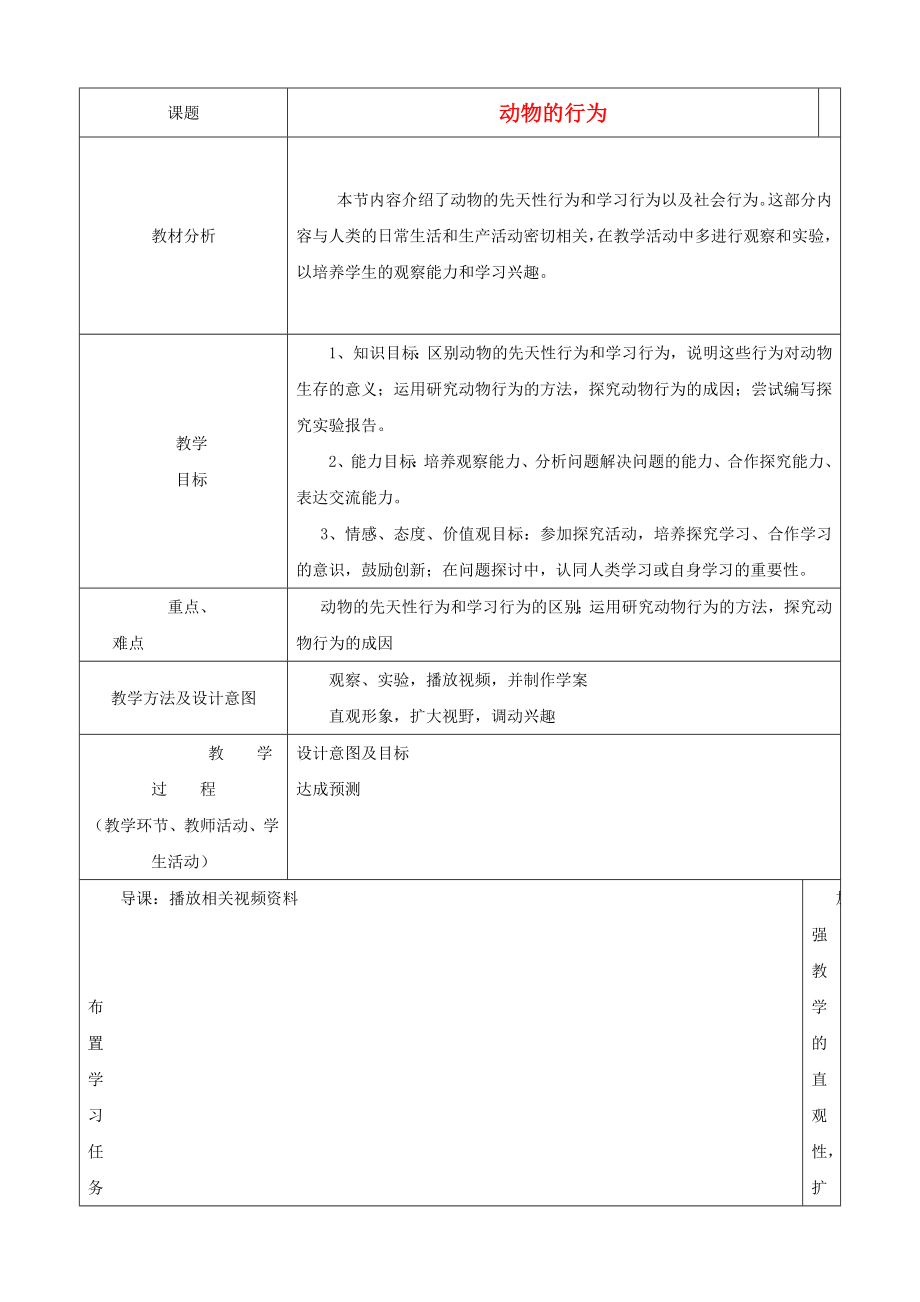 七年級生物上冊《第二單元 第二章 第四節(jié) 動物的行為》教案 濟南版_第1頁