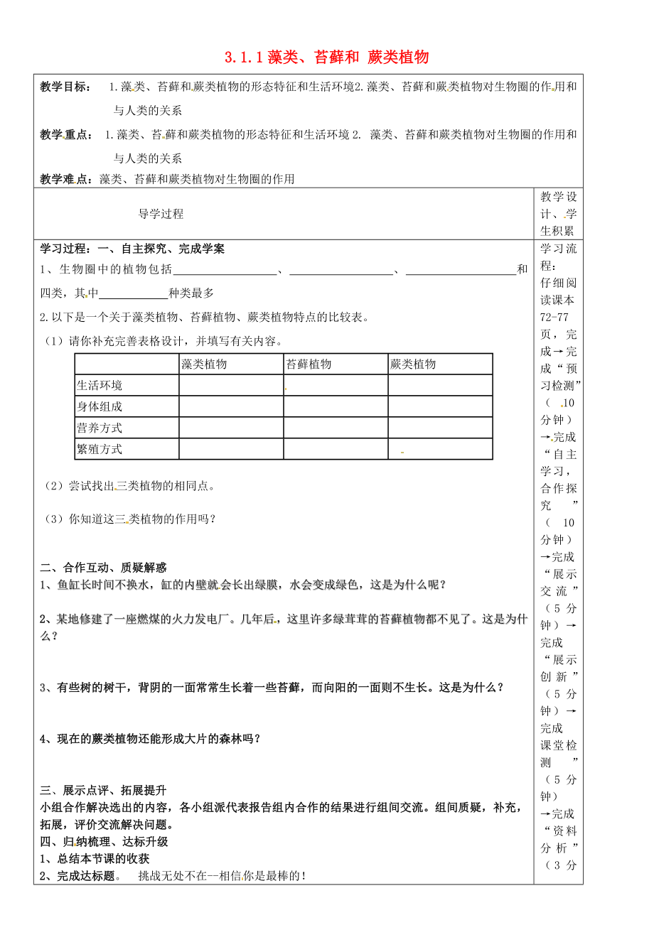 河北省圍場滿族蒙古族自治縣半截塔鎮(zhèn)中學七年級生物上冊 3.1.1 藻類、苔蘚和 蕨類植物教學案（無答案）（新版）新人教版_第1頁