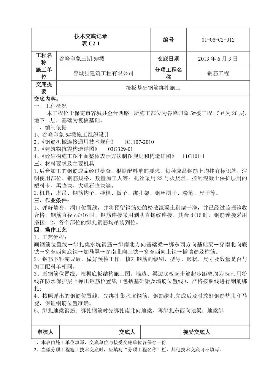 谷峰印象樓筏板基礎鋼筋綁扎技術交底β㎜_第1頁