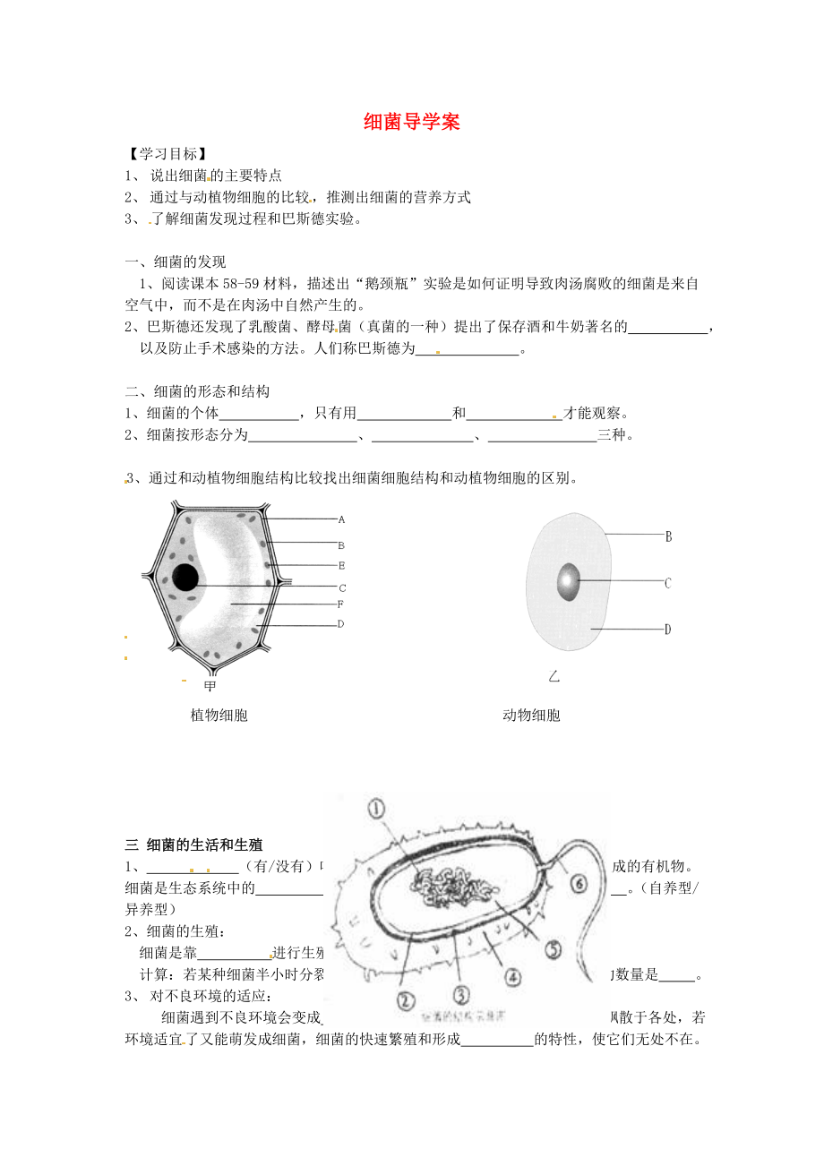 福建省泉州市泉港博文中學八年級生物上冊 細菌導學案（無答案）（新版）新人教版_第1頁