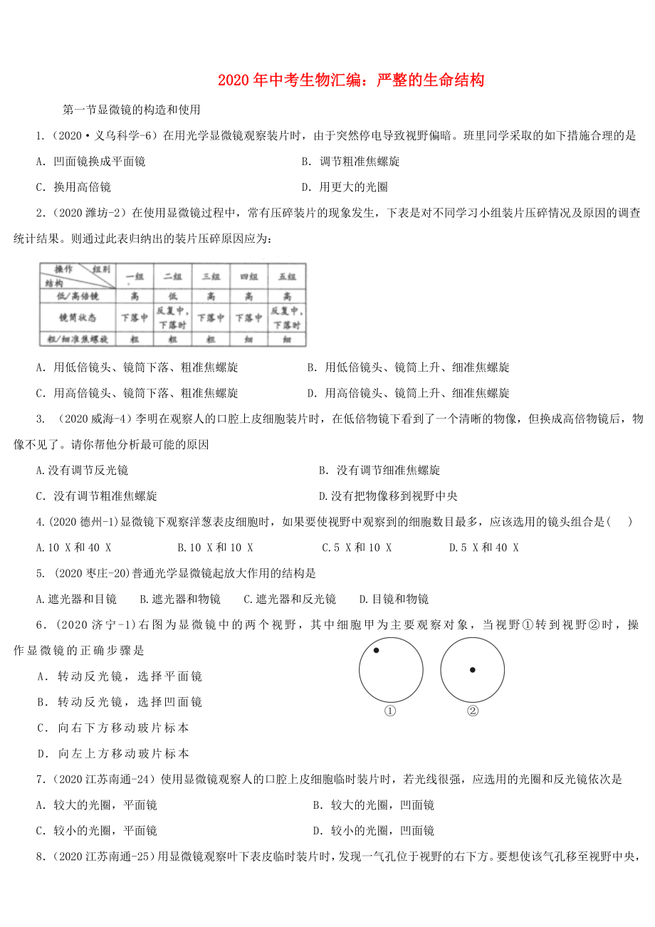 2020年中考生物匯編試題 嚴整的生命結(jié)構(gòu)_第1頁