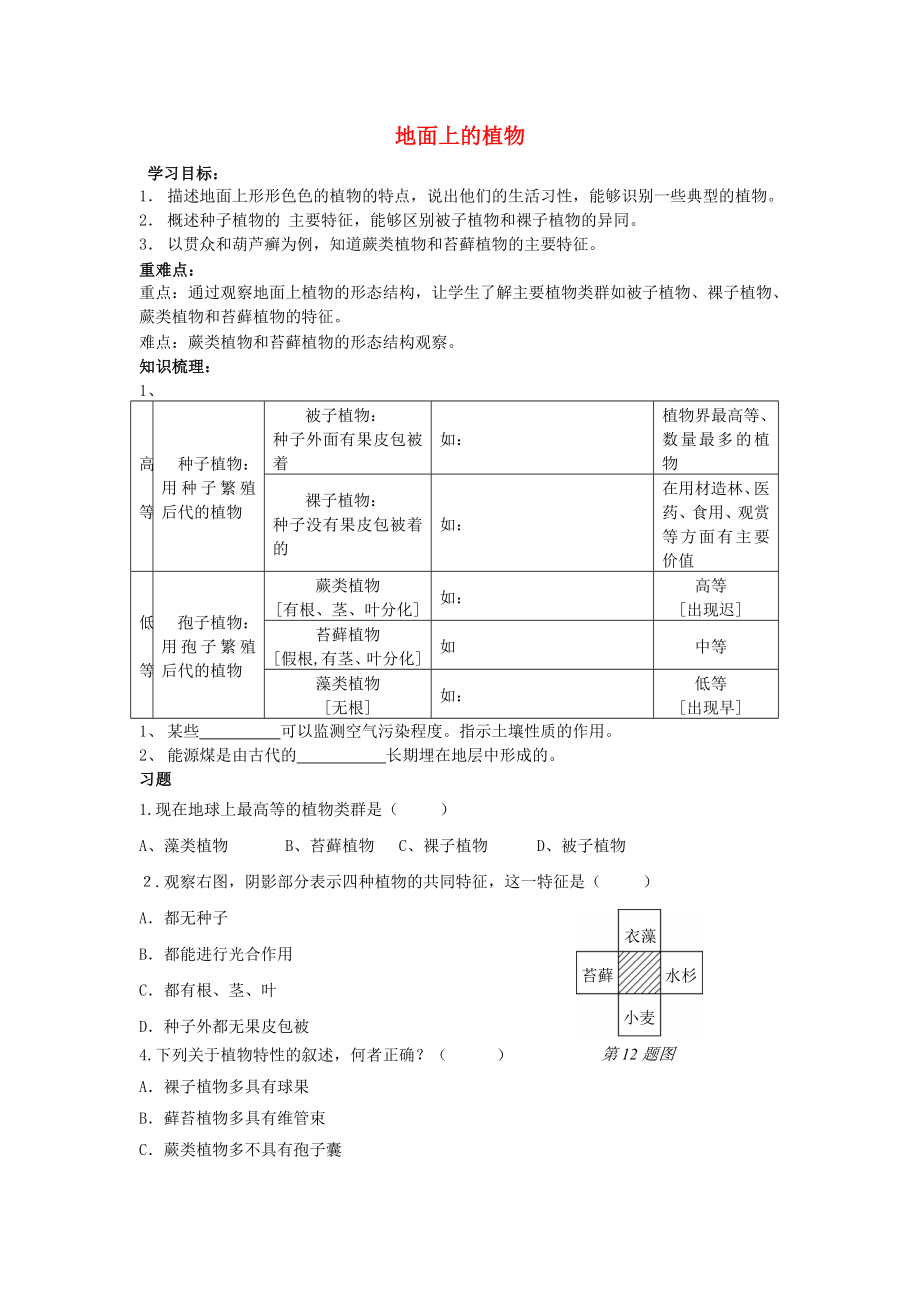 七年級生物下冊 第五單元 第11章 地面上的生物 第1節(jié) 地面上的植物導(dǎo)學(xué)案（無答案）（新版）蘇科版（通用）_第1頁