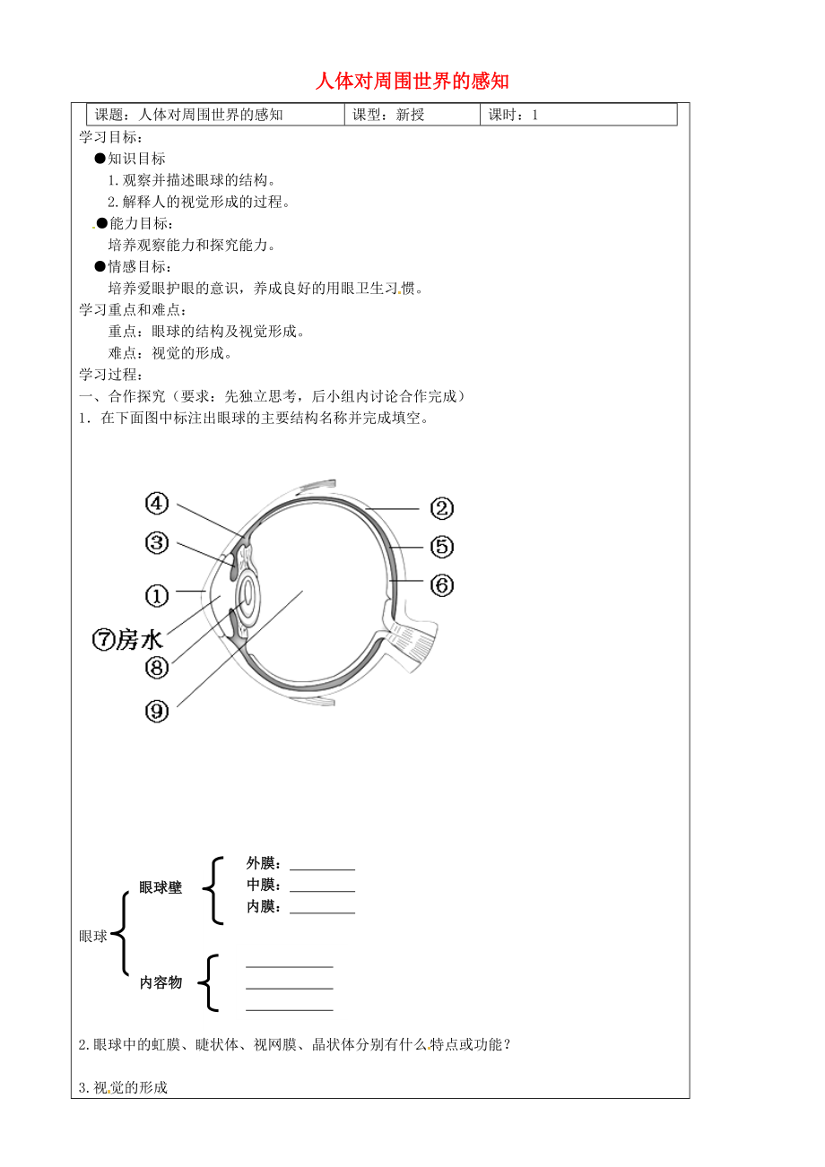 山東省濱州市無棣縣埕口中學七年級生物下冊 人體對周圍世界的感知導學案（無答案） 濟南版_第1頁