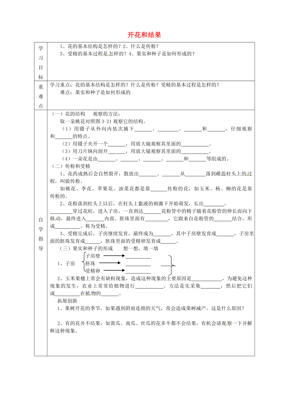 內(nèi)蒙古阿魯科爾沁旗天山第六中學(xué)七年級生物上冊 開花和結(jié)果導(dǎo)學(xué)案（無答案） 新人教版_第1頁