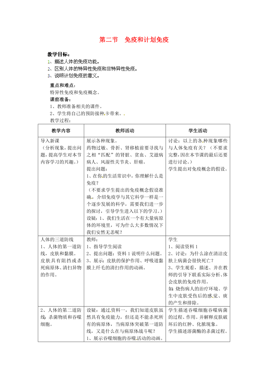 湖南省株洲縣淥口鎮(zhèn)中學(xué)八年級生物下冊 第八單元 第一章 第二節(jié) 免疫和計劃免疫教案 新人教版_第1頁