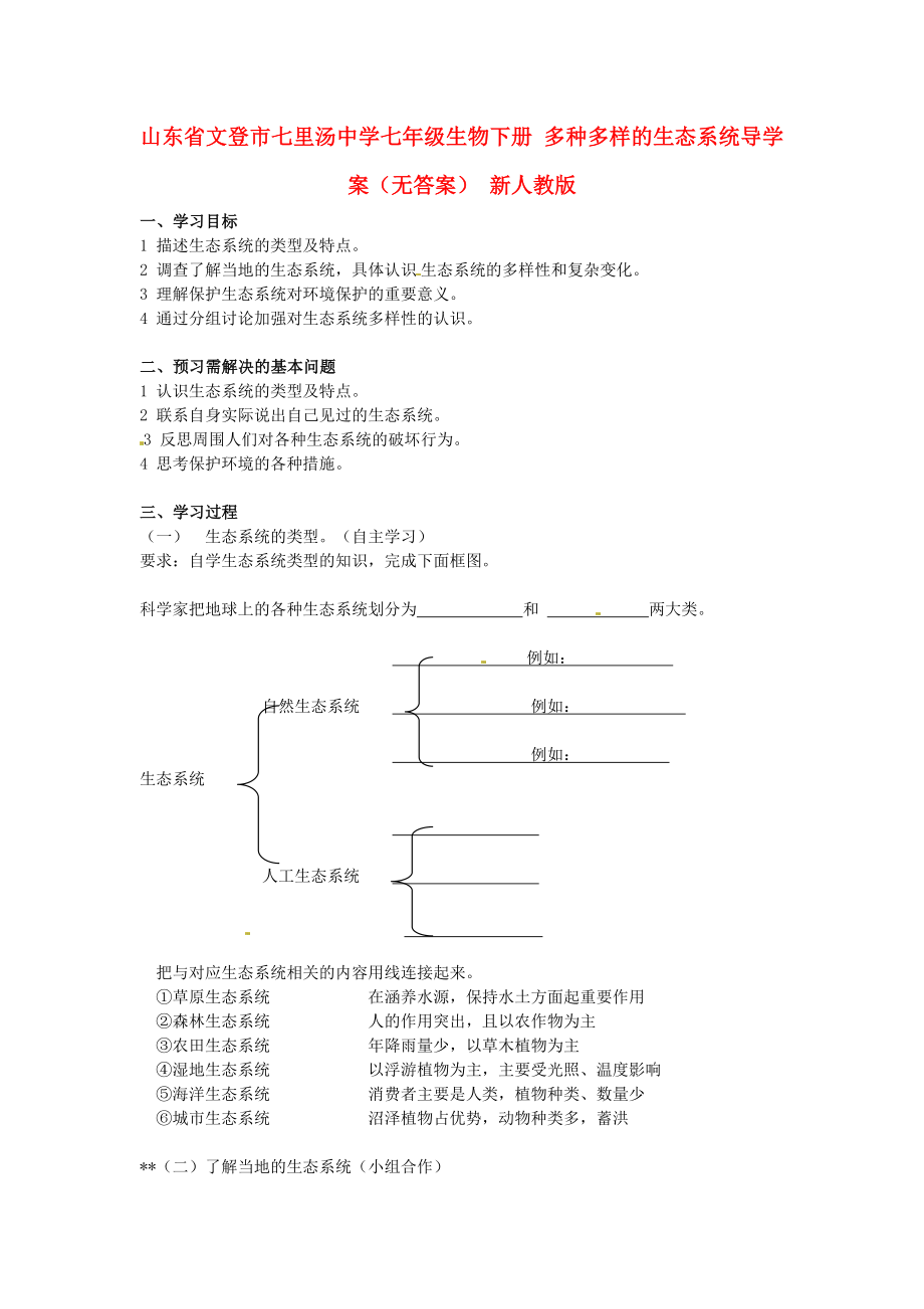 山東省文登市七里湯中學七年級生物下冊 多種多樣的生態(tài)系統(tǒng)導學案（無答案） 新人教版_第1頁