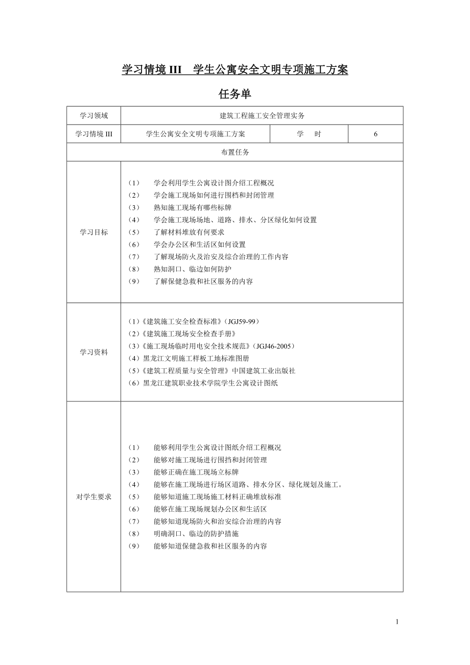 學(xué)習(xí)情境三 學(xué)生公寓安全文明專項(xiàng)施工方案_第1頁(yè)