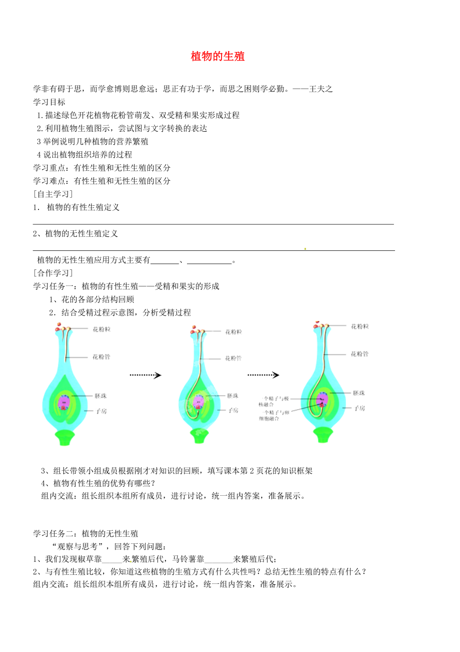 湖北省武漢為明實(shí)驗(yàn)學(xué)校八年級(jí)生物下冊(cè) 第七單元 第1章 第1節(jié)《植物的生殖》導(dǎo)學(xué)案（無答案） 新人教版_第1頁