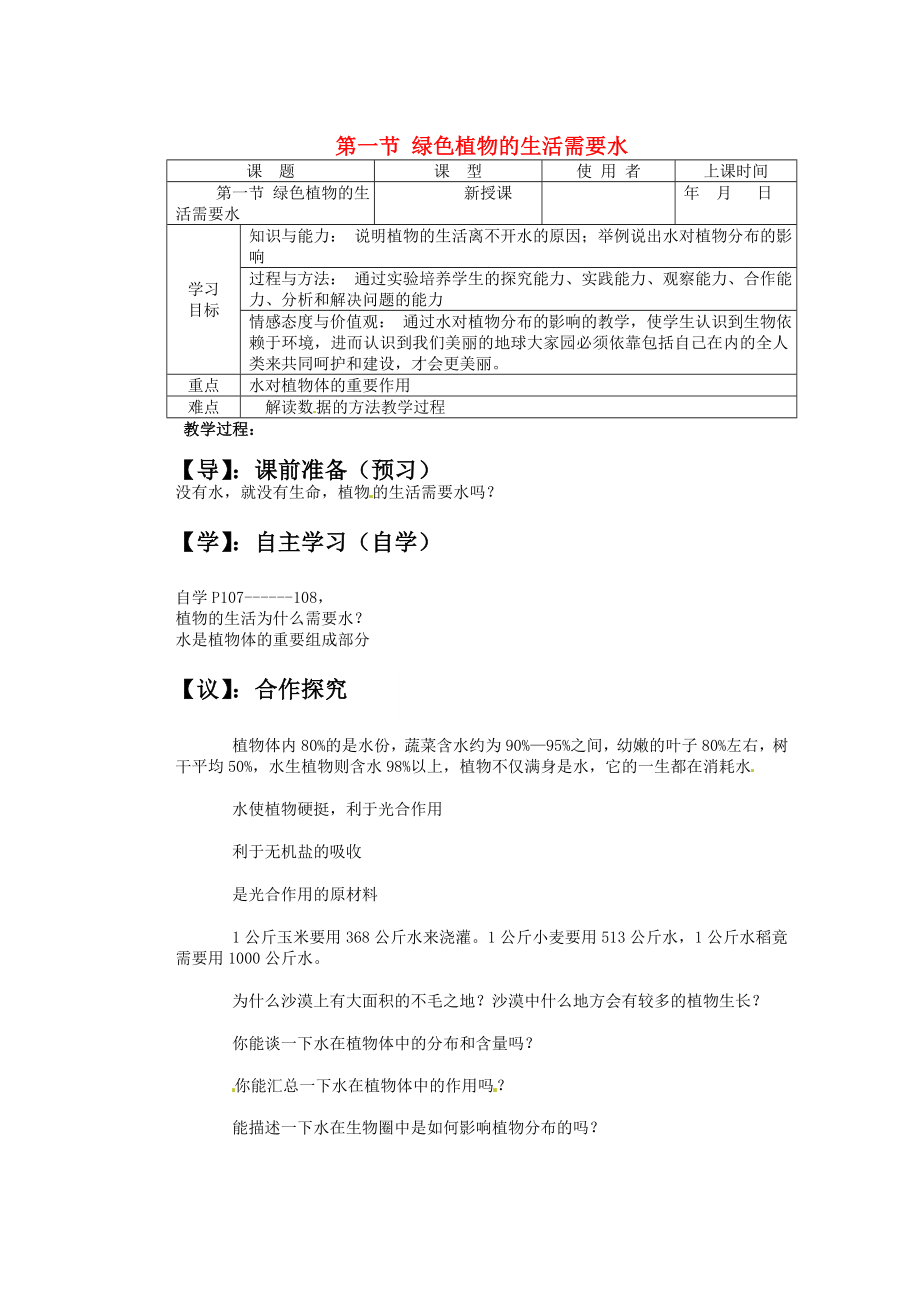 重慶市巴南區(qū)馬王坪學(xué)校七年級生物上冊 第二單元 第三章 第一節(jié) 綠色植物的生活需要水學(xué)案（無答案） 新人教版_第1頁