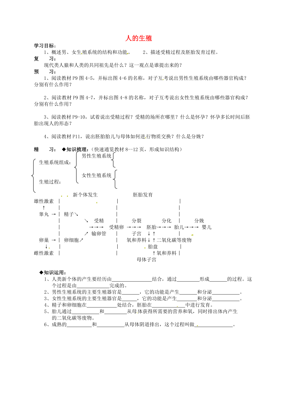 吉林省通化市外國(guó)語(yǔ)中學(xué)七年級(jí)生物下冊(cè) 第四單元 第一章 第二節(jié) 人的生殖學(xué)案（無(wú)答案） 新人教版_第1頁(yè)