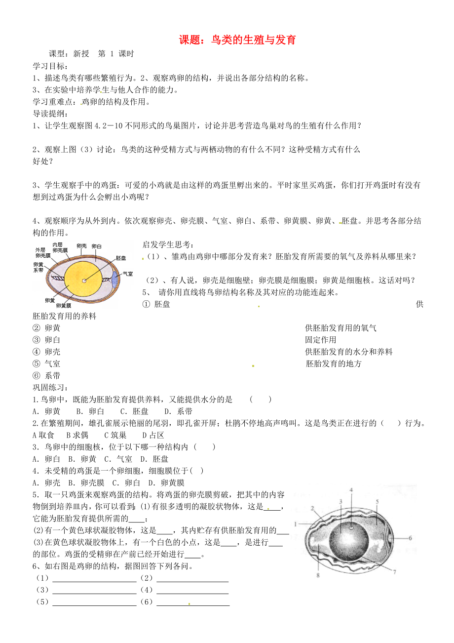 山東省東營(yíng)市第二中學(xué)八年級(jí)生物 《鳥類的生殖和發(fā)育》（第一課時(shí)）學(xué)案（無(wú)答案）_第1頁(yè)