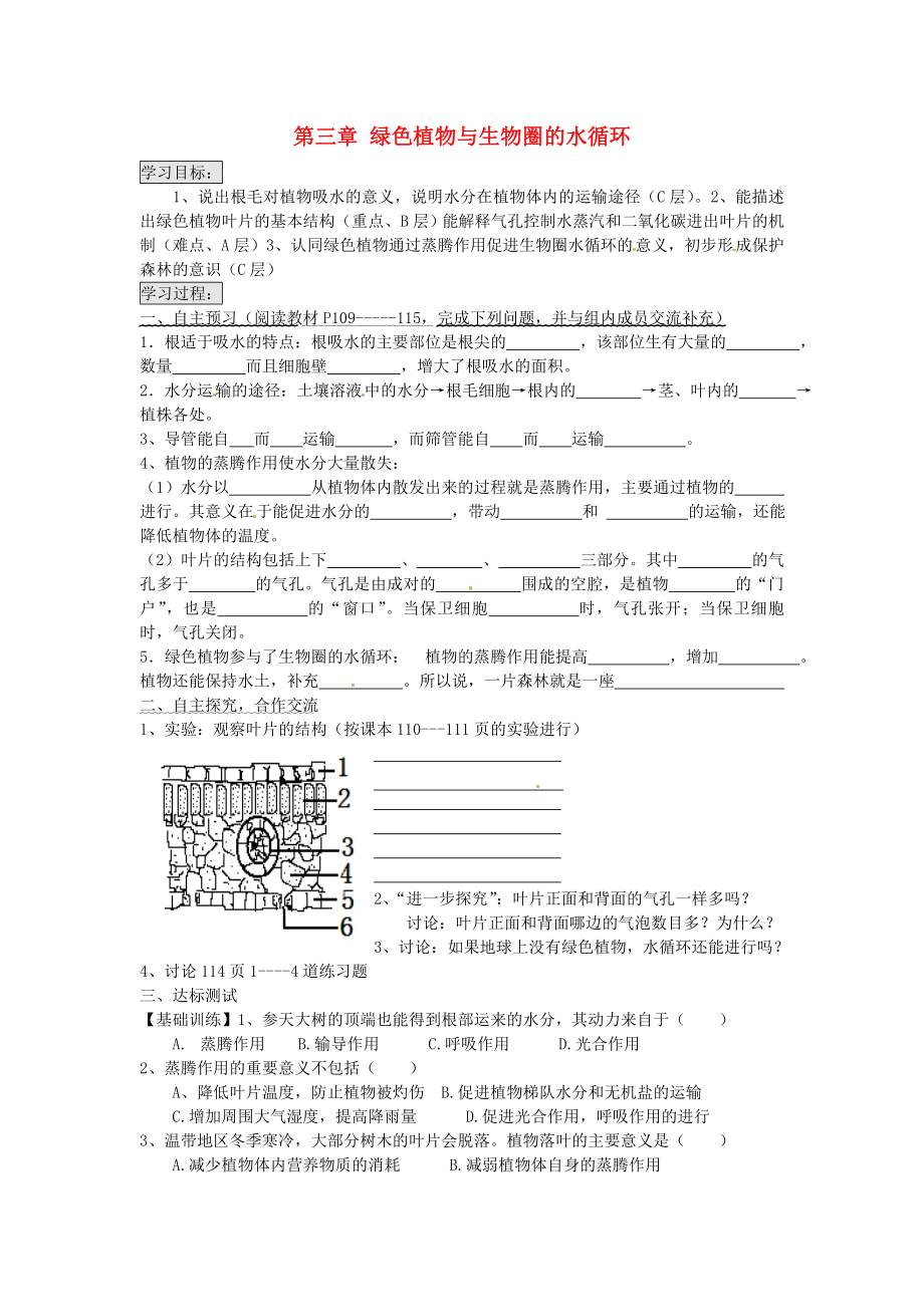 七年級生物上冊 第三單元 第三章 綠色植物與生物圈的水循環(huán)導學案（無答案）（新版）新人教版_第1頁