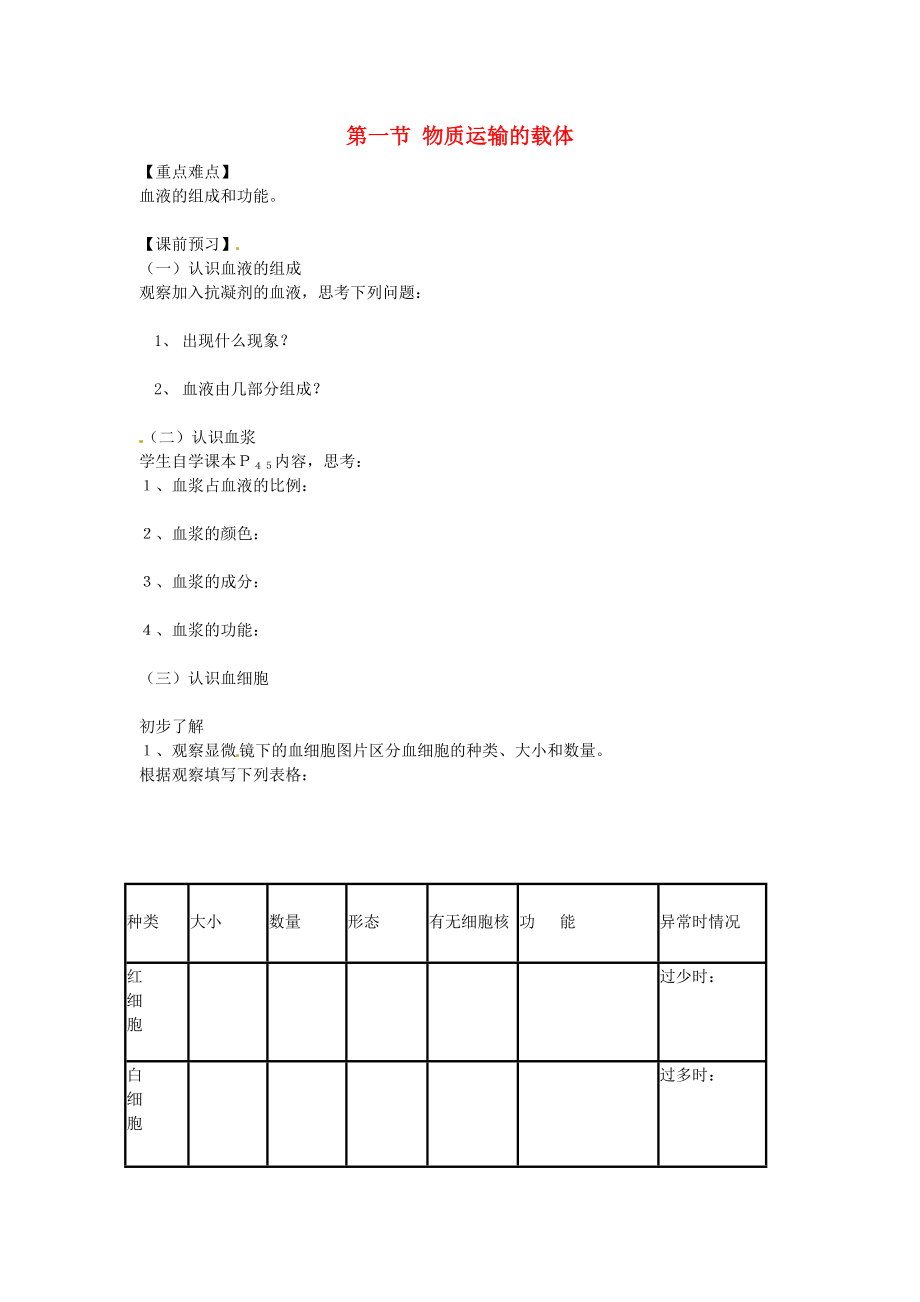 重慶市江津五中七年級生物下冊 第二章 愛護(hù)心臟 確保運(yùn)輸 第一節(jié) 物質(zhì)運(yùn)輸?shù)妮d體學(xué)案_第1頁