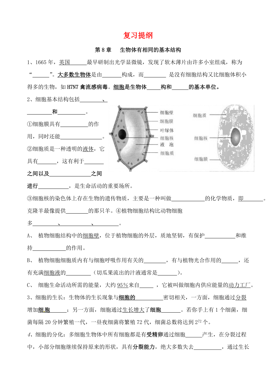 七年級生物下冊 期中復(fù)習(xí)提綱（答案不全） 蘇科版（通用）_第1頁