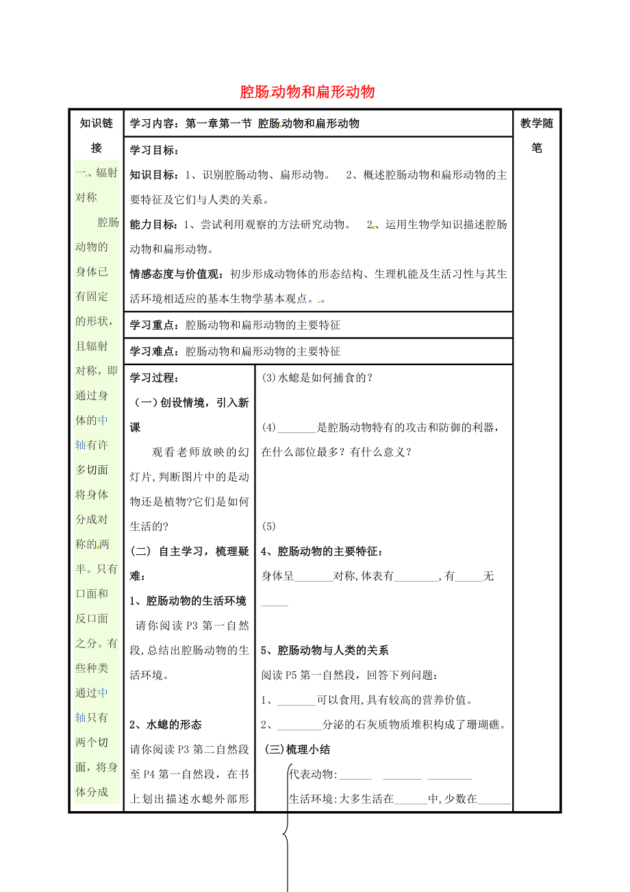 山西省陽泉市八年級生物上冊 第五單元 第一章 第一節(jié) 腔腸動物和扁形動物導學案（無答案）（新版）新人教版_第1頁