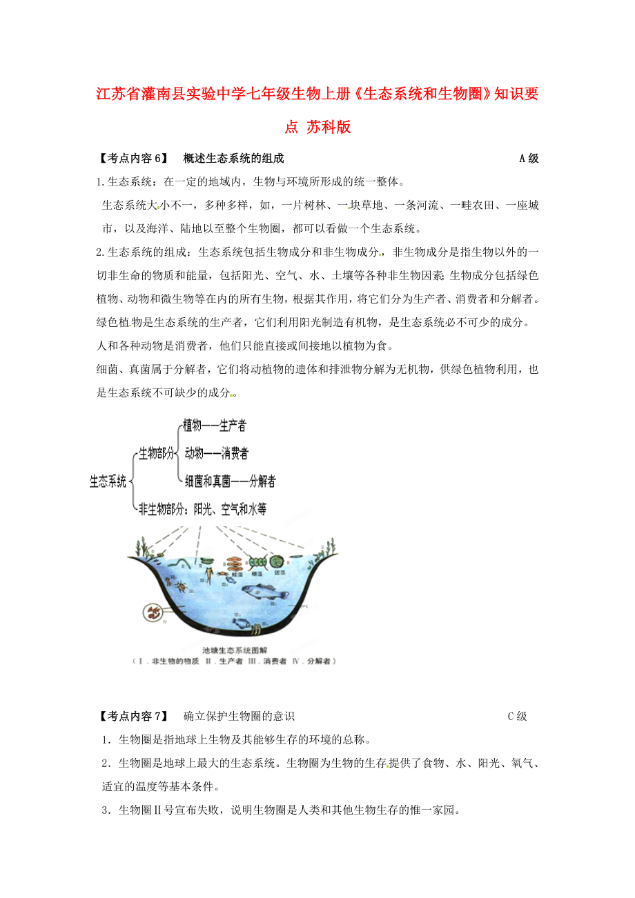 江蘇省灌南縣實(shí)驗(yàn)中學(xué)七年級(jí)生物上冊(cè)《生態(tài)系統(tǒng)和生物圈》知識(shí)要點(diǎn)（無(wú)答案） 蘇科版（通用）_第1頁(yè)