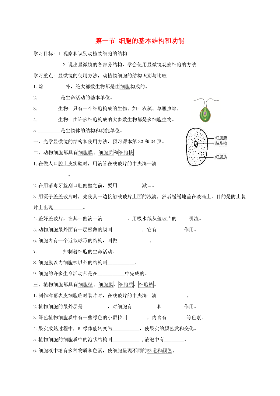 七年級生物上冊 第2單元 生物體的結(jié)構(gòu) 第3章 細(xì)胞 第1節(jié) 細(xì)胞的基本結(jié)構(gòu)和功能導(dǎo)學(xué)案（新版）北師大版_第1頁