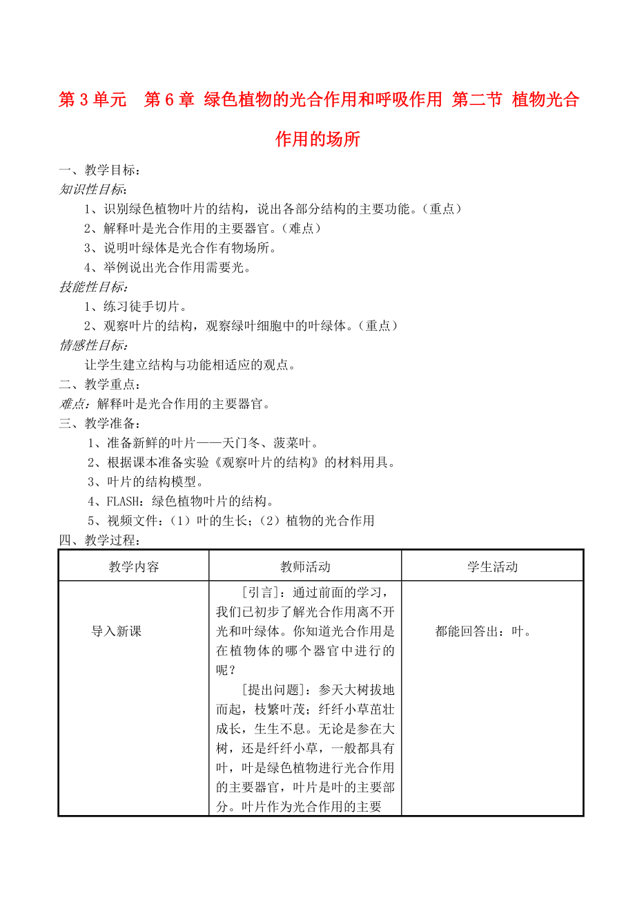 七年級生物上 第6章 綠色植物的光合作用和呼吸作用 第二節(jié) 植物光合作用的場所教案蘇教版_第1頁