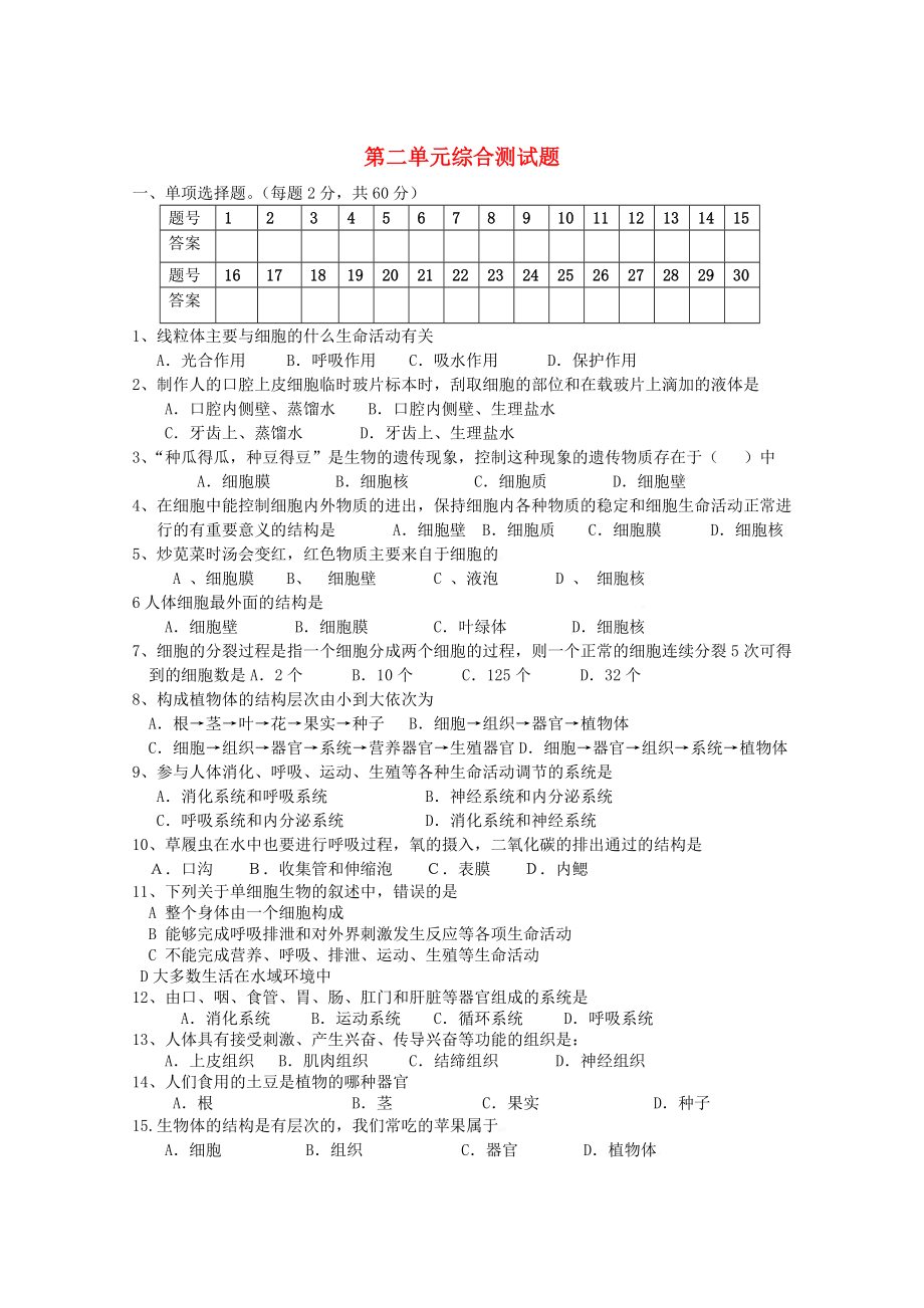 七年級生物上冊 第二單元綜合測試題（無答案） 蘇教版_第1頁