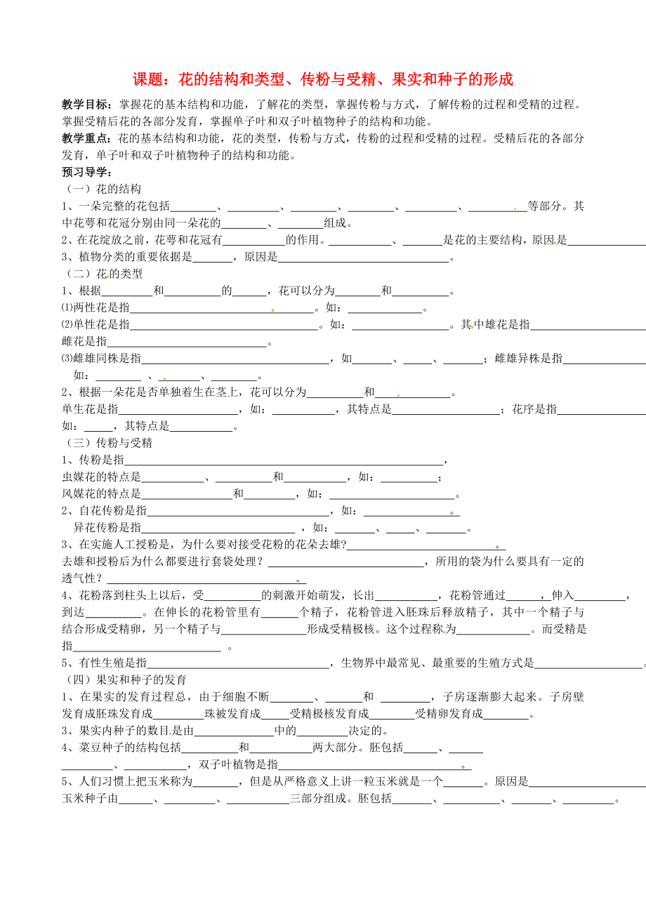 山東省德州市夏津?qū)嶒炛袑W(xué)中考生物 課題 花的結(jié)構(gòu)和類型、傳粉與受精、果實和種子的形成學(xué)案（無答案） 濟南版_第1頁