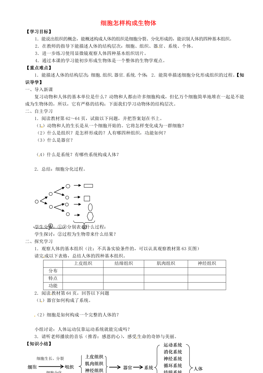 重慶市璧山縣青杠初級(jí)中學(xué)校七年級(jí)生物上冊 第二單元 第三章 細(xì)胞怎樣構(gòu)成生物體導(dǎo)學(xué)案（無答案） 新人教版_第1頁