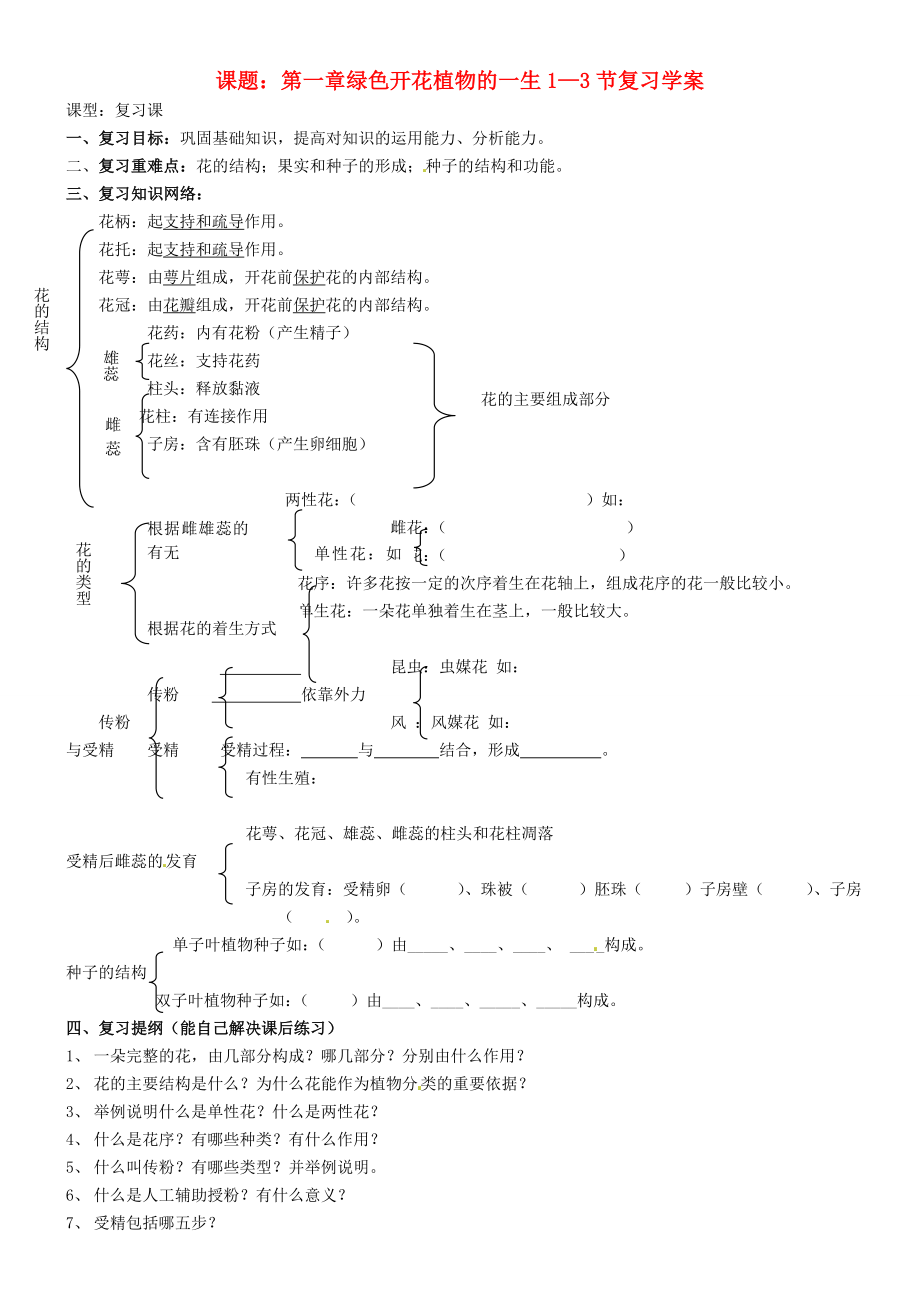 山東省東營市第二中學八年級生物 《第一章綠色開花植物的一生》1—3節(jié)復習學案（無答案）_第1頁