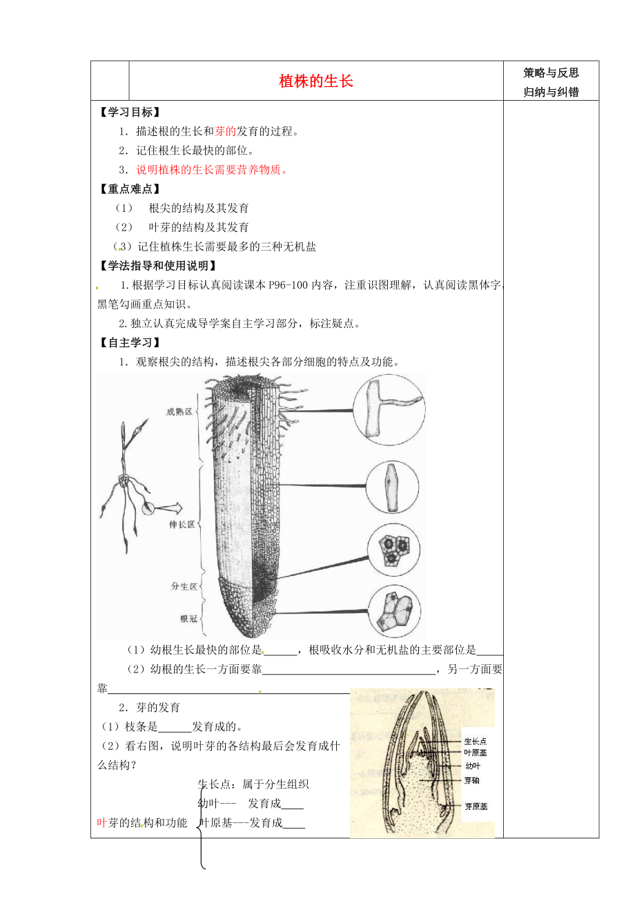 陕西省西安市庆安中学2020学年七年级生物上册 植株的生长导学案（无答案） 新人教版_第1页