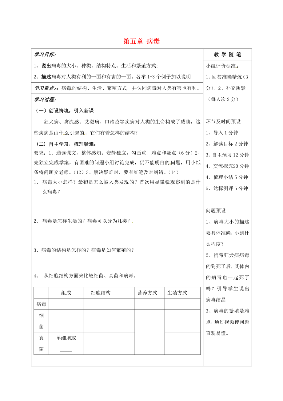 山西省陽(yáng)泉市八年級(jí)生物上冊(cè) 第五單元 第五章 病毒導(dǎo)學(xué)案（無(wú)答案）（新版）新人教版_第1頁(yè)