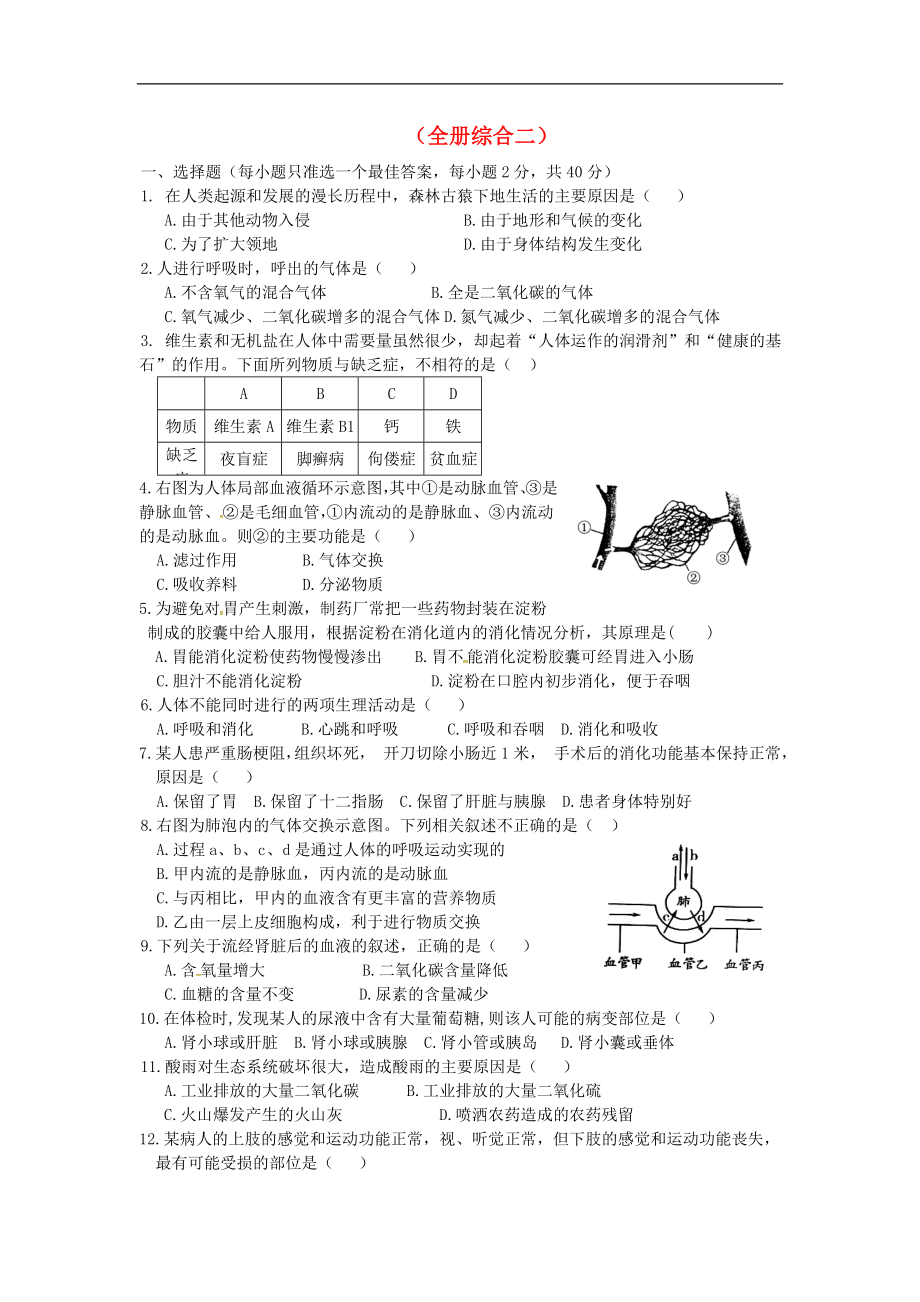 山東省平邑縣蒙陽新星學(xué)校七年級生物下冊 全冊綜合測試（二）（無答案） 新人教版_第1頁