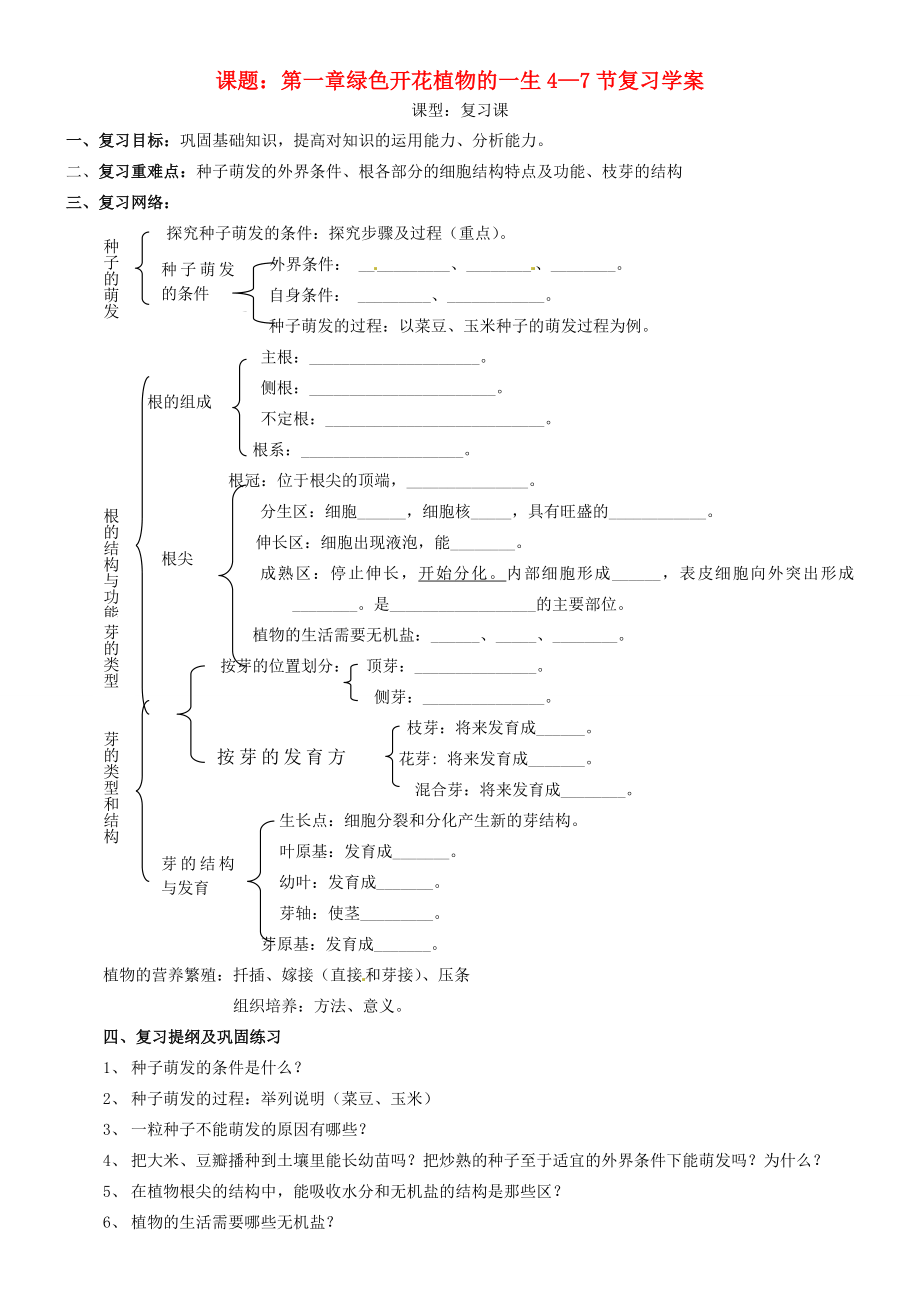 山東省東營市第二中學(xué)八年級(jí)生物 《第一章綠色開花植物的一生》4—7節(jié)復(fù)習(xí)學(xué)案（無答案）_第1頁