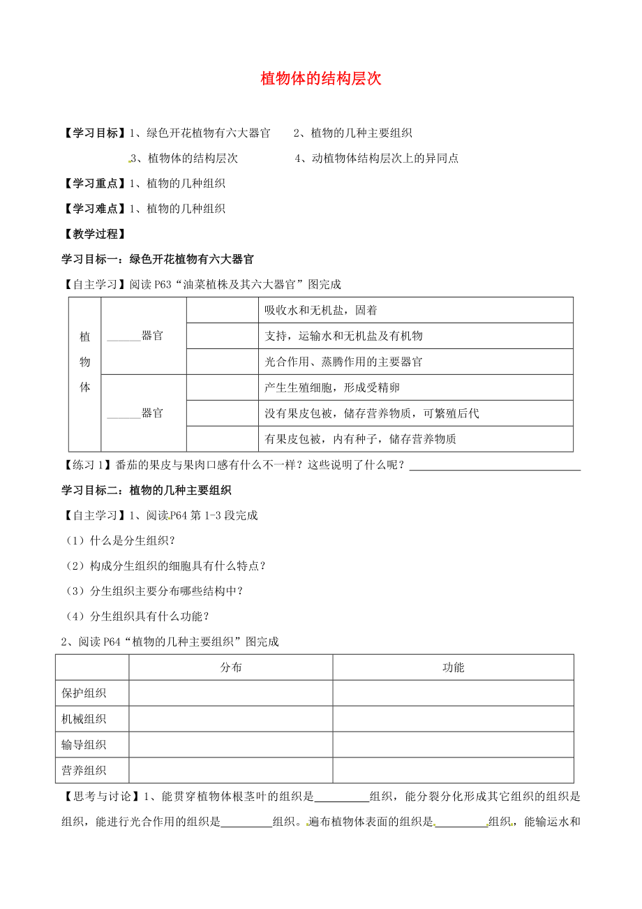 湖北省襄陽四十七中七年級生物上冊 植物體的結(jié)構(gòu)層次學(xué)案（無答案） 新人教版_第1頁