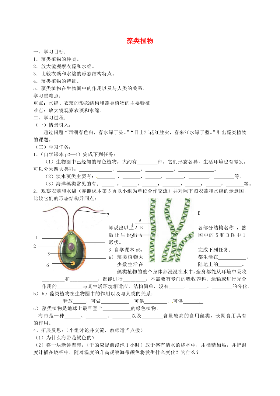 山東省肥城市安站中學七年級生物下冊 1.1 藻類植物學案（無答案） 魯科版_第1頁