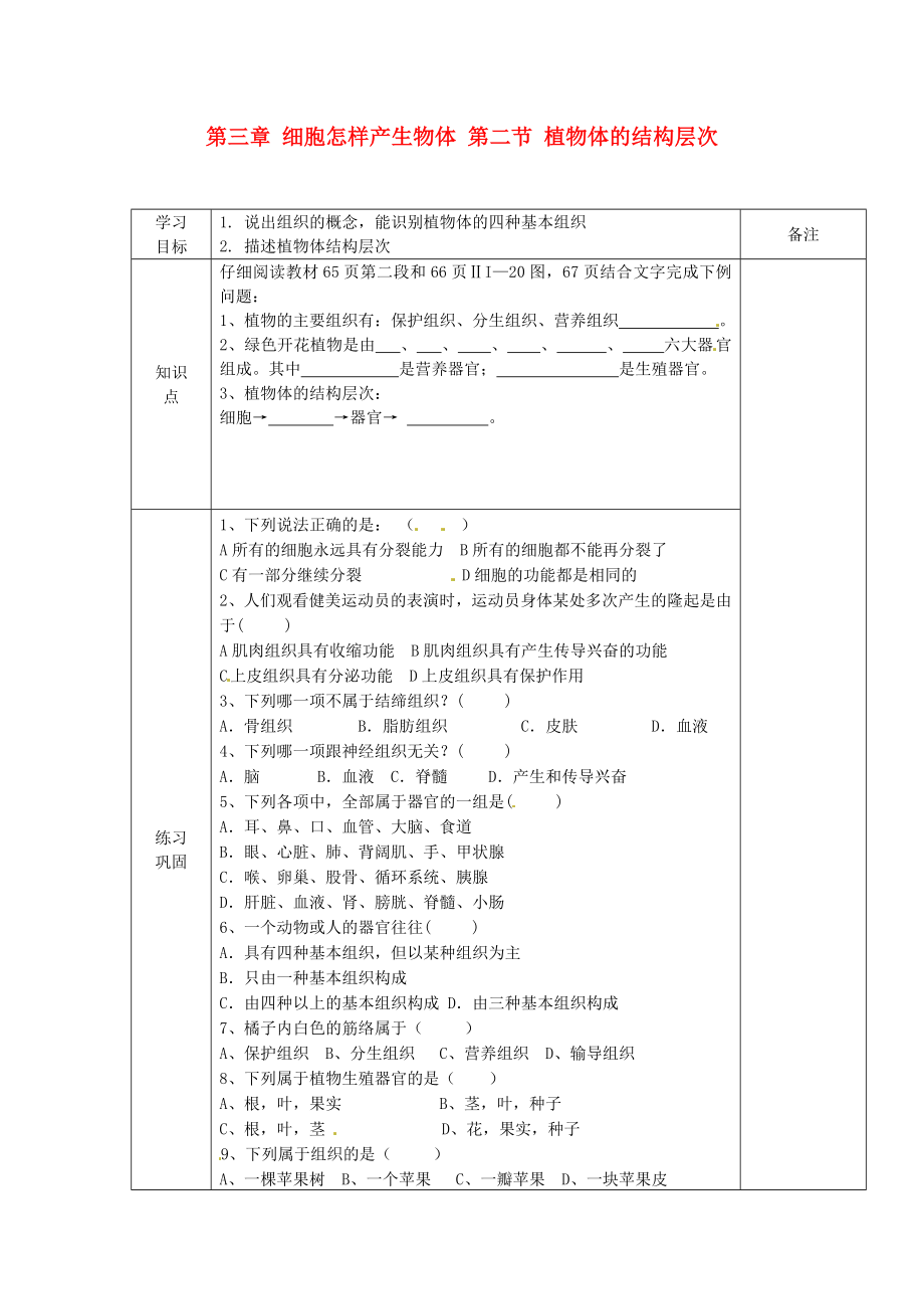 海南省?？谑械谑闹袑W(xué)七年級(jí)生物上冊(cè) 第三章 細(xì)胞怎樣產(chǎn)生物體 第二節(jié) 植物體的結(jié)構(gòu)層次導(dǎo)學(xué)案（無(wú)答案） 新人教版_第1頁(yè)