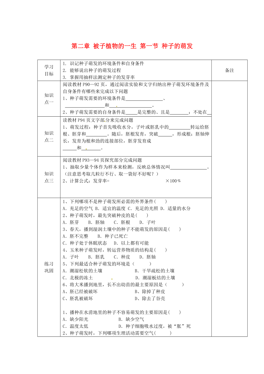 海南省?？谑械谑闹袑W七年級生物上冊 第二章 被子植物的一生 第一節(jié) 種子的萌發(fā)導學案（無答案） 新人教版_第1頁