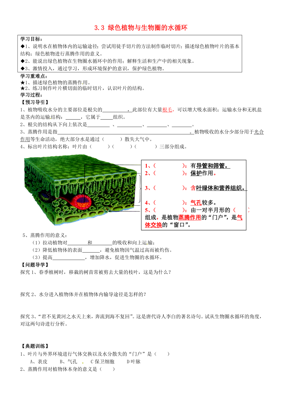 黑龍江省五常市第三中學(xué)七年級(jí)生物上冊(cè) 3.3 綠色植物與生物圈的水循環(huán)導(dǎo)學(xué)案（無(wú)答案） 新人教版_第1頁(yè)