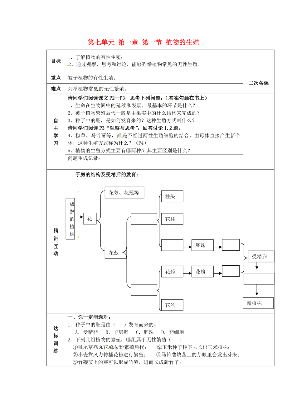 陜西省西安交大陽光中學(xué)八年級生物下冊 第七單元 第一章 第一節(jié) 植物的生殖學(xué)案2（無答案） 新人教版_第1頁