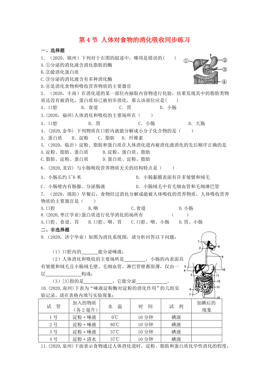 七年級(jí)生物上：第3章第4節(jié) 人體對(duì)食物的消化吸收 同步練習(xí)蘇科版_第1頁