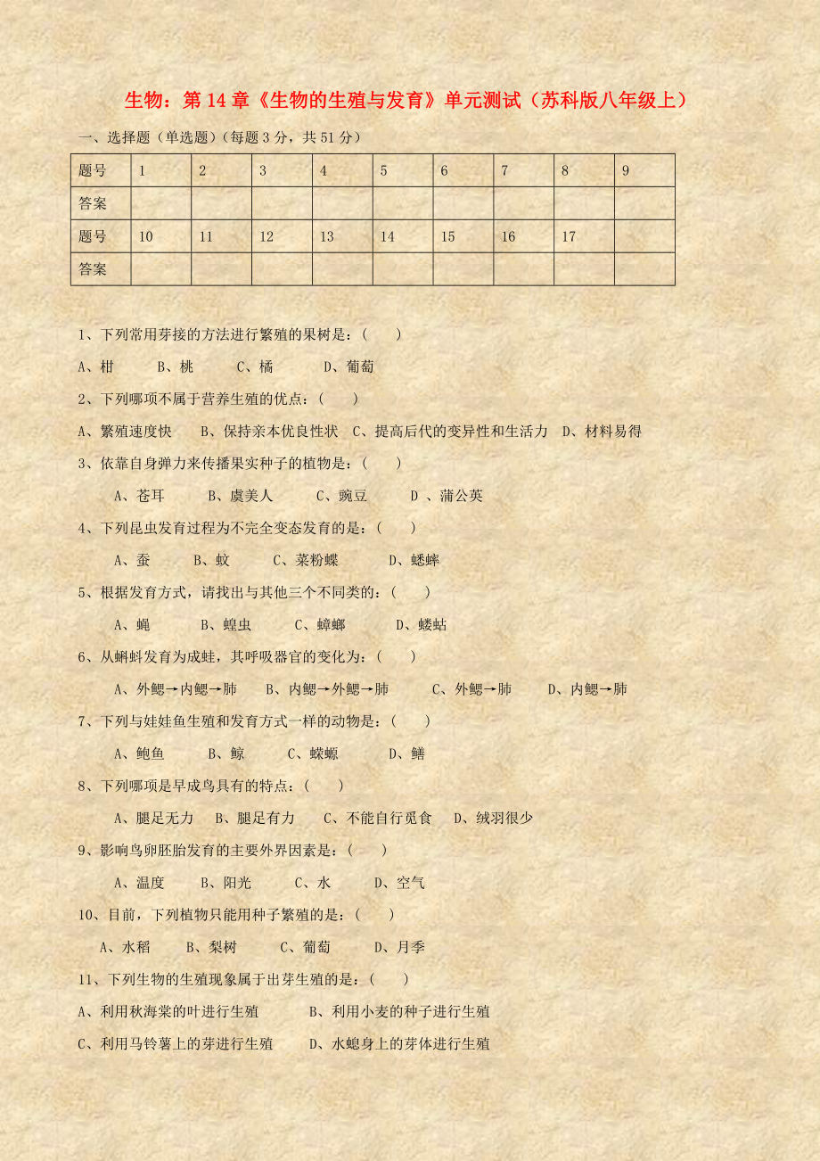 八年級(jí)生物上冊(cè) 第14章《生物的生殖與發(fā)育》單元測(cè)試 蘇科版（通用）_第1頁