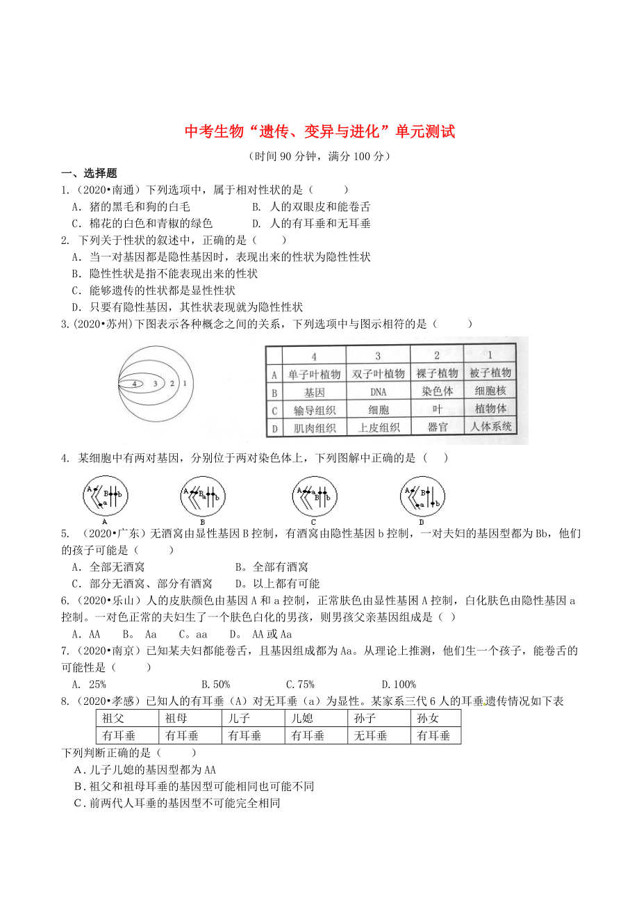 中考生物專題復(fù)習(xí)“遺傳、變異與進化”單元測試 蘇科版（通用）_第1頁