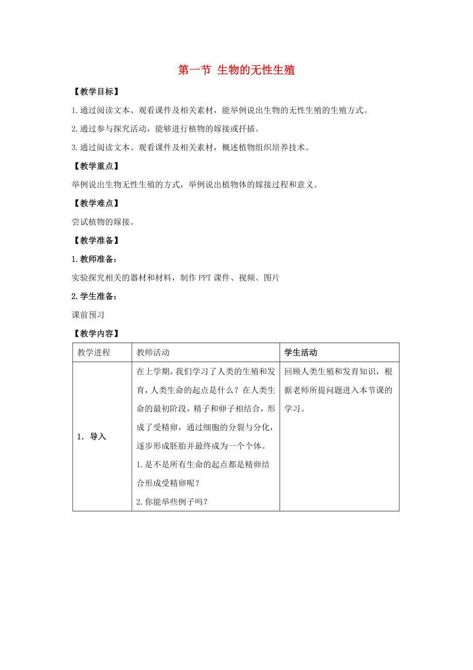 八年級生物下冊 第二十一章 第一節(jié)《生物的無性生殖》教案 （新版）蘇教版（通用）_第1頁