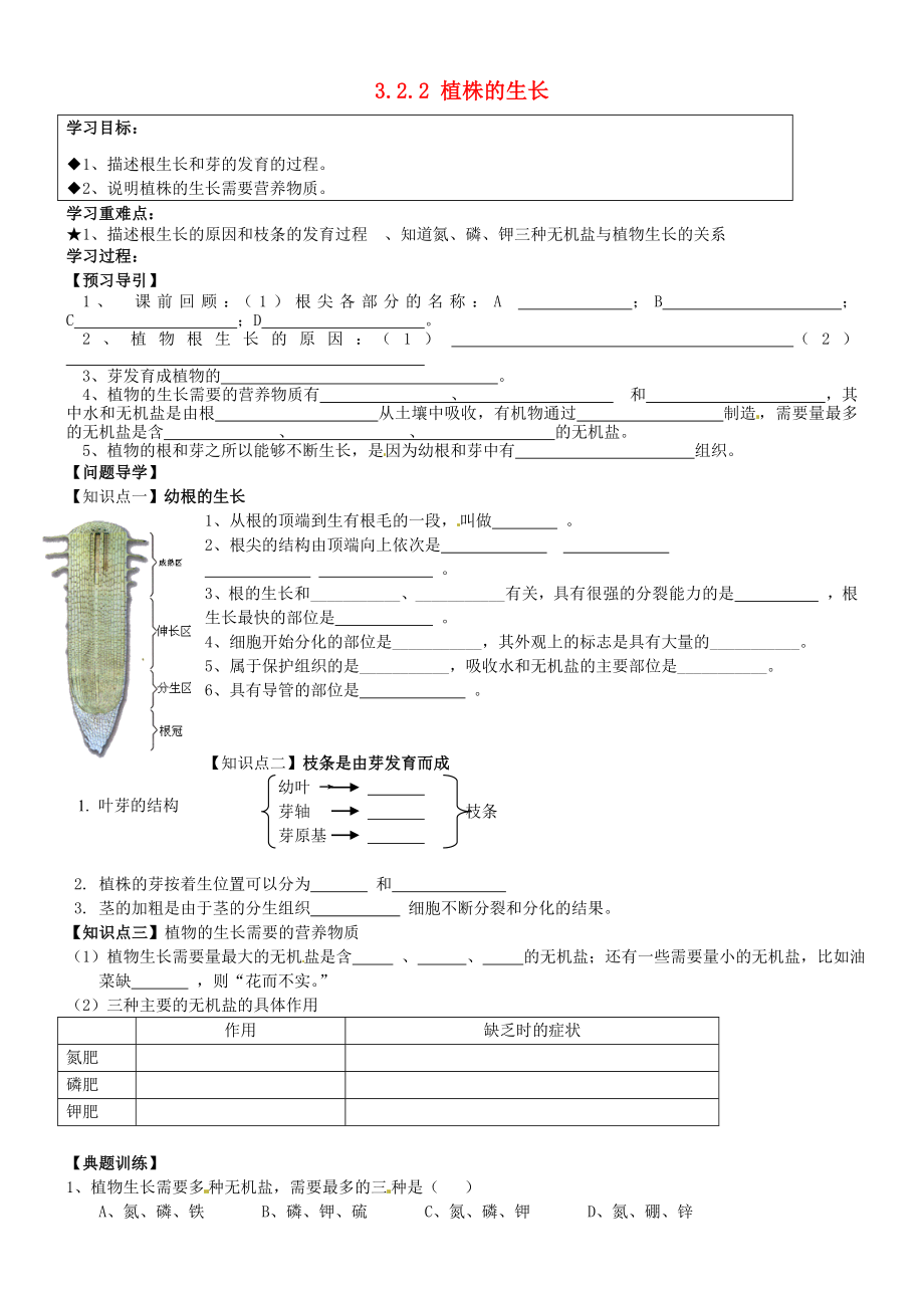 黑龍江省五常市第三中學(xué)七年級生物上冊 3.2.2 植株的生長導(dǎo)學(xué)案（無答案） 新人教版_第1頁