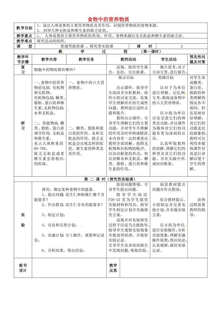 吉林省通化市外國語中學(xué)七年級生物下冊 第四單元 第二章 第一節(jié) 食物中的營養(yǎng)物質(zhì)教案 新人教版_第1頁