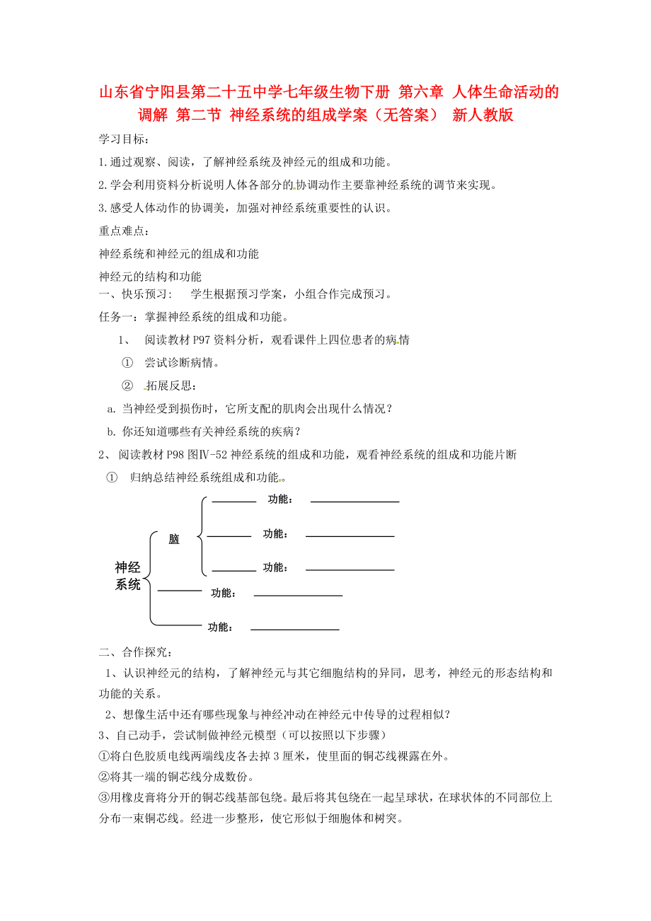 山東省寧陽(yáng)縣第二十五中學(xué)七年級(jí)生物下冊(cè) 第六章 人體生命活動(dòng)的調(diào)解 第二節(jié) 神經(jīng)系統(tǒng)的組成學(xué)案（無(wú)答案） 新人教版_第1頁(yè)