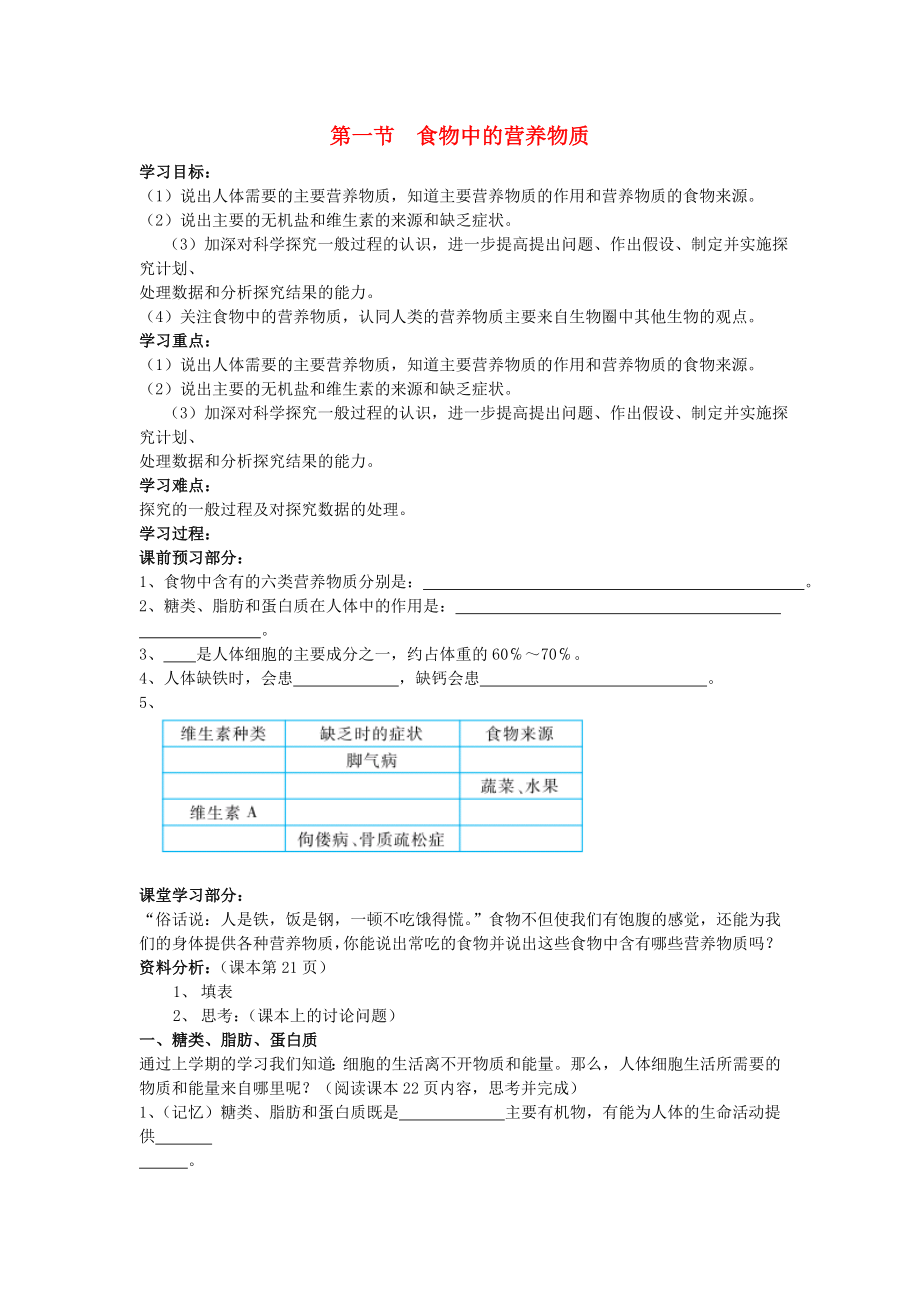 廣西貴港市東津一中2020年七年級生物下冊 第四單元 第二章 人體的營養(yǎng)導(dǎo)學(xué)案（無答案） 新人教版_第1頁