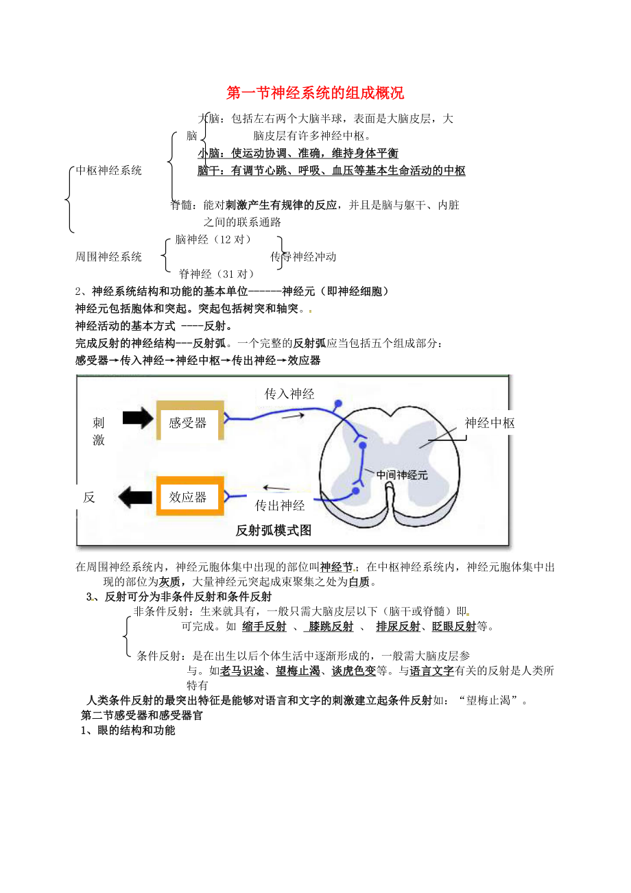 河南省虞城縣第一初級(jí)中學(xué)七年級(jí)生物下冊(cè) 第12章 第一節(jié) 神經(jīng)系統(tǒng)的組成概況提綱 北師大版_第1頁(yè)