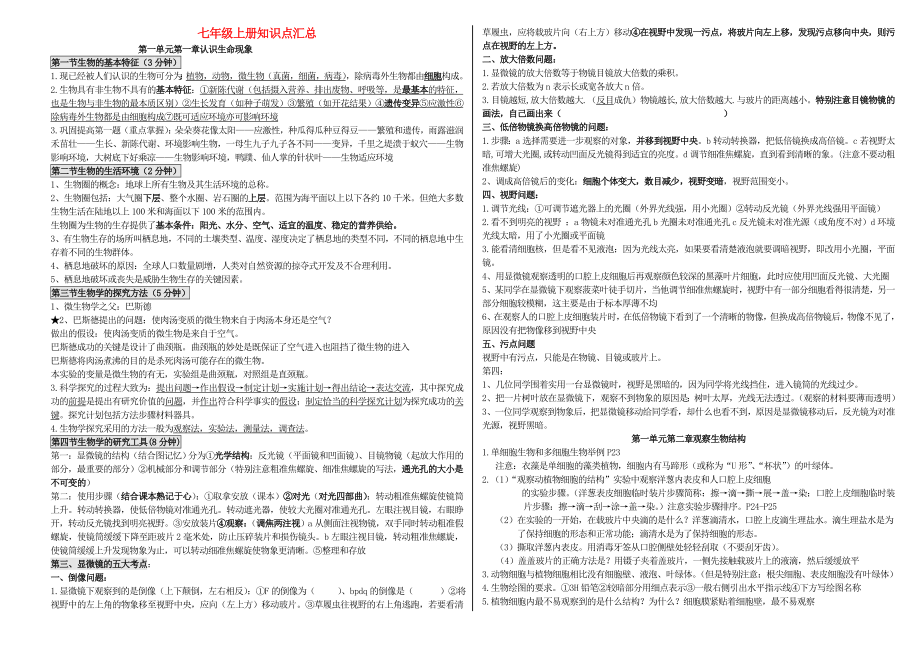 七年級生物上冊 知識點匯總 濟(jì)南版（通用）_第1頁